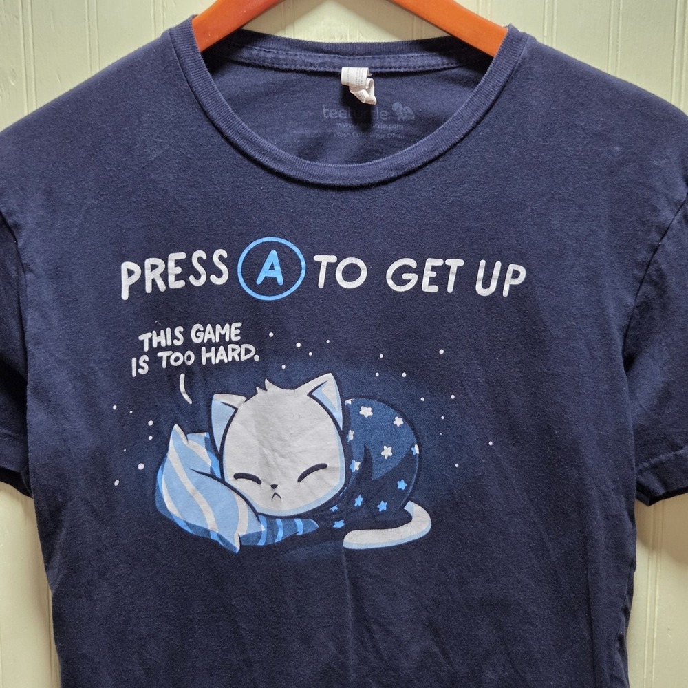TeeTurtle Shirt Mens Small Navy Blue Press A To Get Up Cat Gamer Graphic Tee